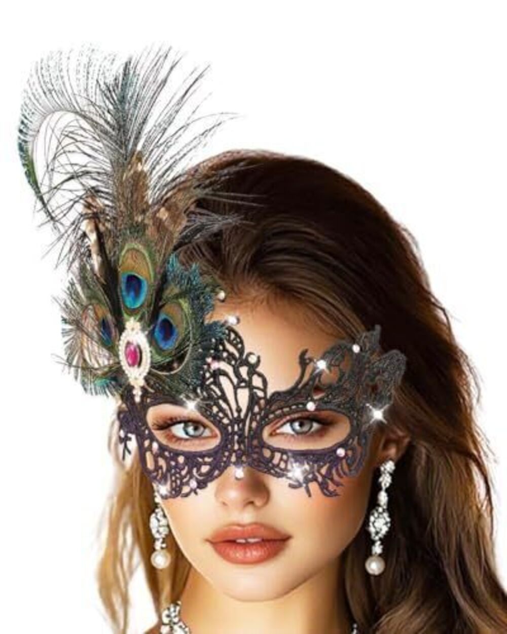 4350 Rhinestone Masquerade Mask,Purple Masquerade Ball Mask, Feather Party